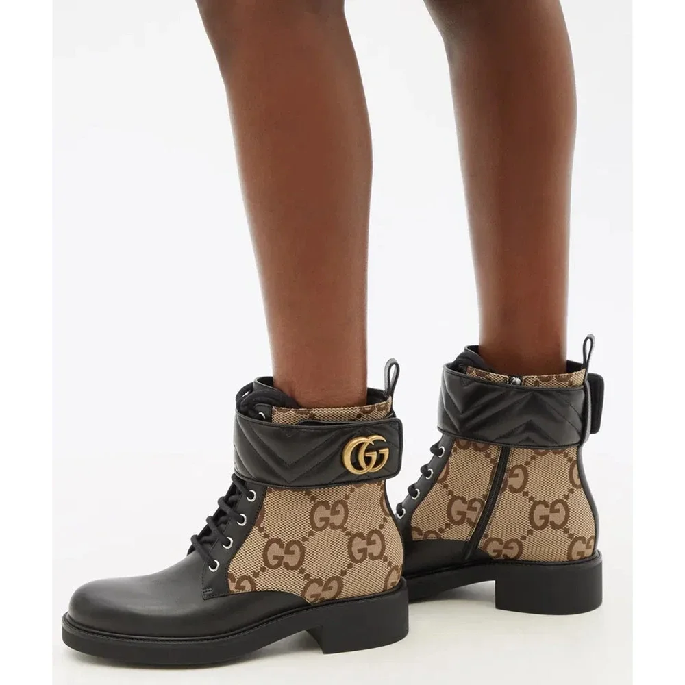 Gucci Marmont Black Leather Beige GG Coated Canvas Logo Print Combat Boots 38